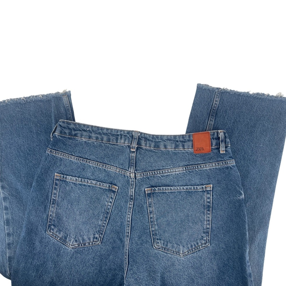 Zara Straight Leg Jeans Womens 12 Blue High Rise Raw Hem Relaxed